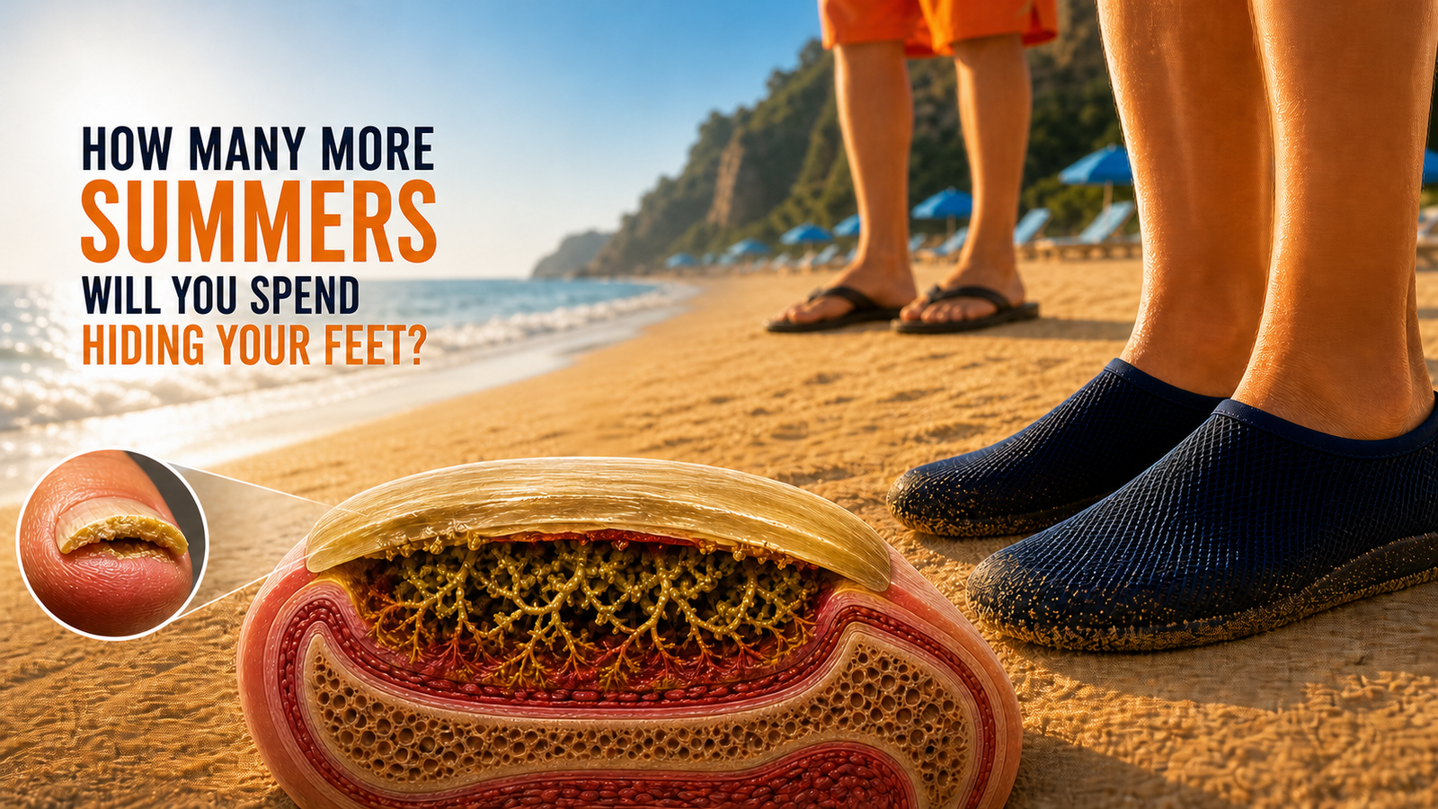 A person at a summer beach with covered feet, looking down while friends around them wear sandals freely &mdash; capturing the quiet isolation of hiding toenail fungus in social settings.